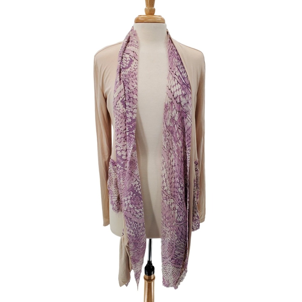 Gimmicks By BKE Beige Purple Lace Cardigan Drape Front Boho Layering Top Medium